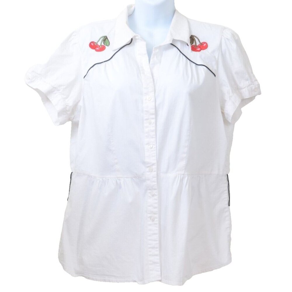 Torrid Red Cherries Plus Size 1X Rockabilly Retro Button Shirt Puff Sleeves